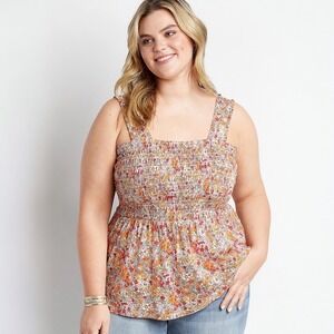 Maurices Plus Size Multi Floral Smocked Babydoll Tank Top Peplum 1X Cottage Boho